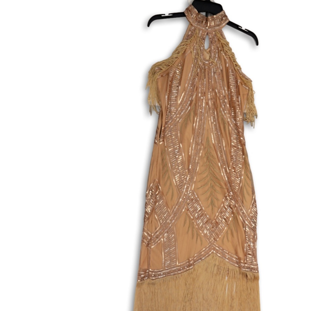 Cutout Crew Neck Fringe Flapper Dress, Champagne Color, Size Medium